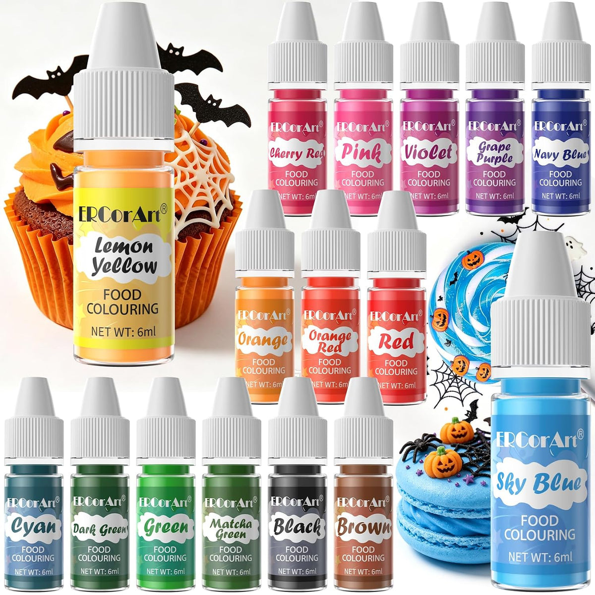 Food Coloring Liquid - ERCorArt 16 Colors Food Coloring, Food Grade Food Dye, Tasteless Food Color Set for Cake Decorating, Easter Egg, Cooking, Fondant - 0.25 Fl Oz