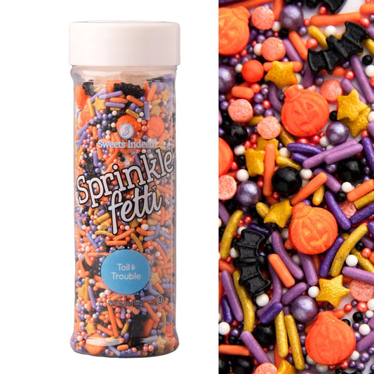 Sweets Indeed Toil & Trouble Halloween Sprinklefetti Mix – 4 oz Jar | Sprinkles with Pumpkins, Bats, Jimmies, Nonpareils,