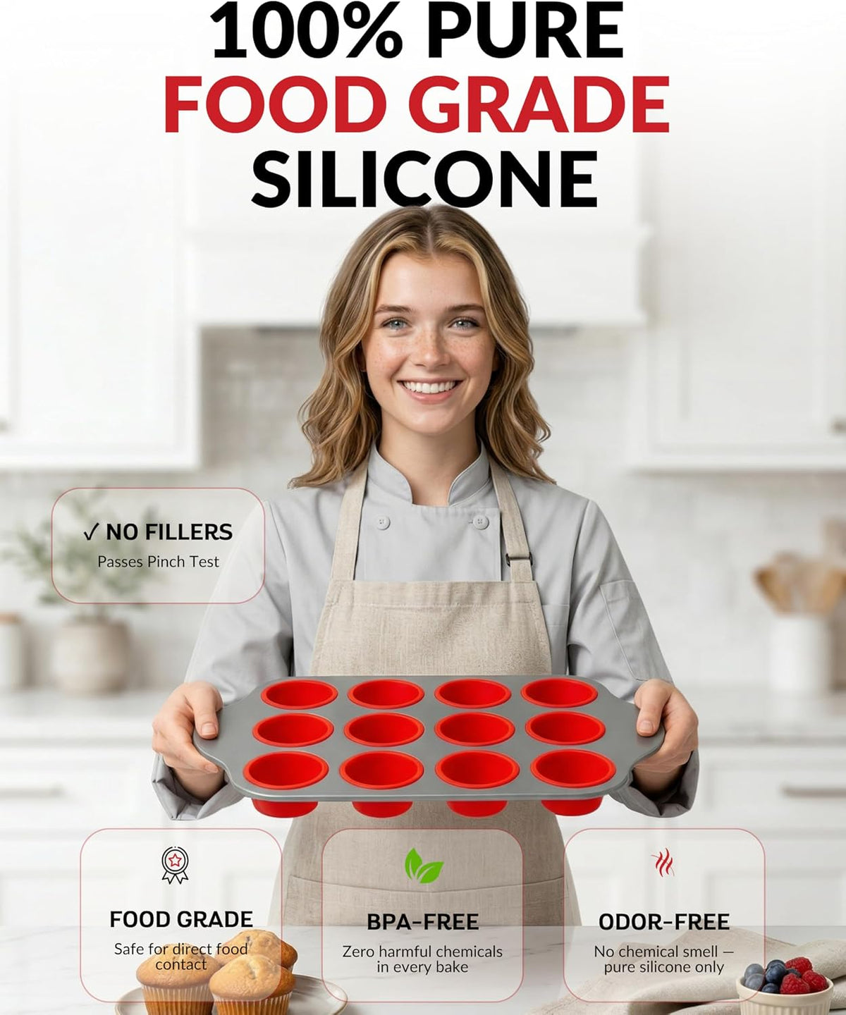 Boxiki Kitchen Non-Stick 12 Cup Silicone Muffin Pan with Steel Frame - BPA Free, Non-Toxic, Anti-Warp, Durable &amp; Easy to Pop Silicone Muffin Tin - Perfect Cupcake Pan