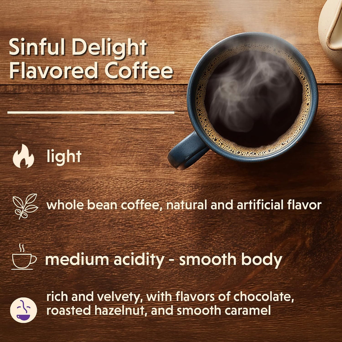 Coffee Bean Direct Sinful Delight Flavored, Whole Bean, 1lb Bags | Light Roast, Nutty Caramel &amp; Chocolate Flavored Coffee Beans