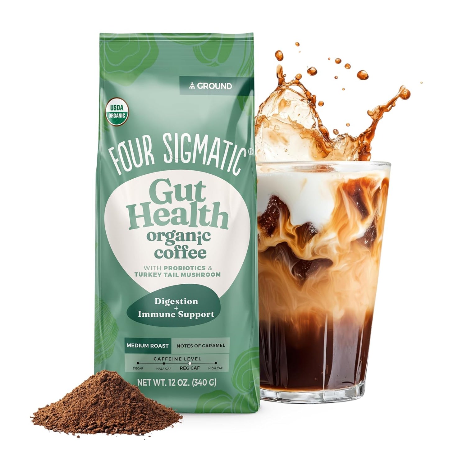 Four Sigmatic Gut Health Organic Ground Coffee | Medium Roast, Immune Boosting Probiotic Mushroom Coffee with Chaga &amp; Turkey Tail for Gut Health &amp; Immune Support | 12oz Bag