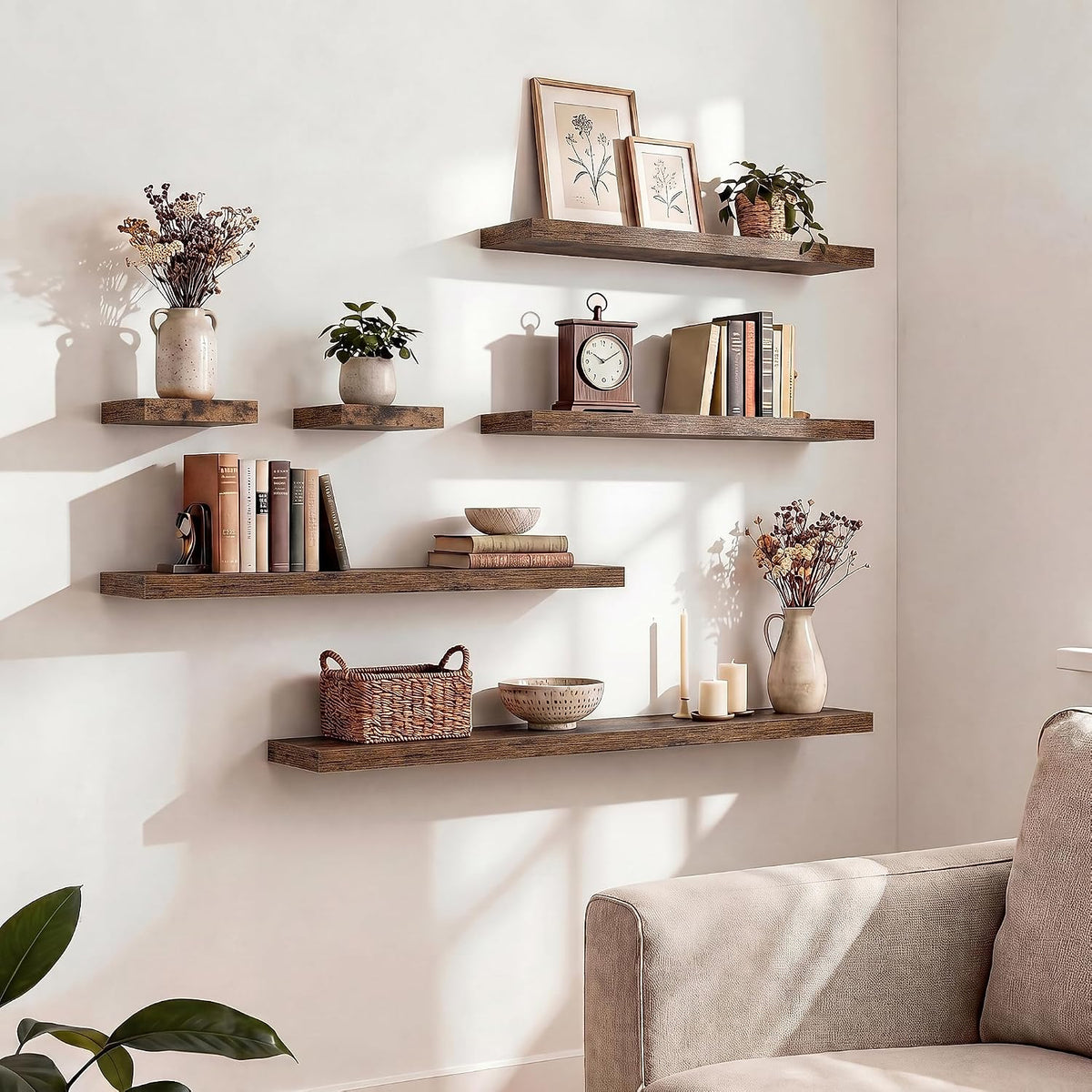 40" Floating Shelves for Wall, Wooden Wall Mounted Shelf, Set of 2, Brown