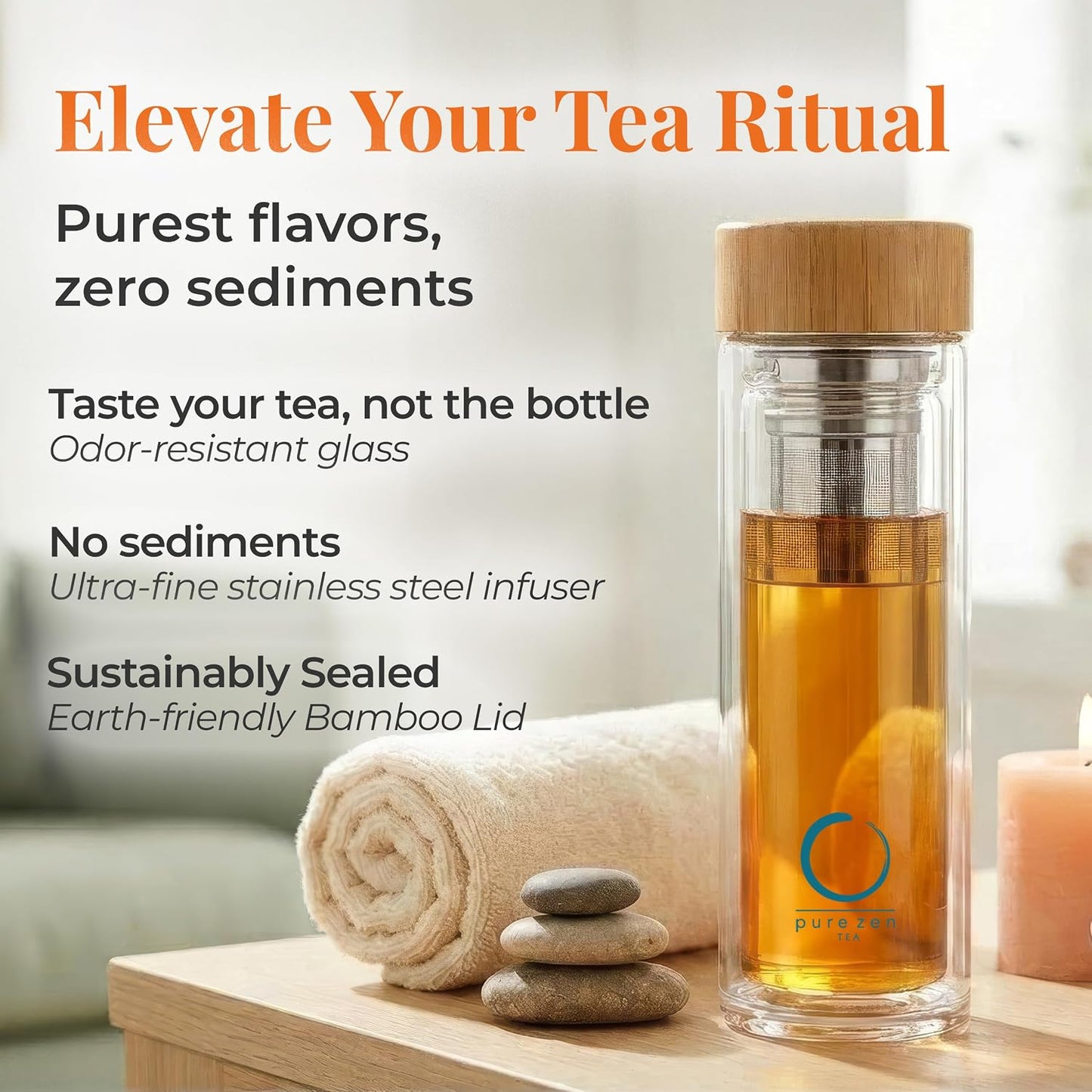 Pure Zen Tea Glass Tea Infuser Bottle, Leakproof, Tea Tumbler with Infuser | 15oz, Double Wall, Travel Sleeve, Extra-fine Stainless Steel Filter, Bamboo Lid, Gift-ready Packaging, Extra-thick Glass
