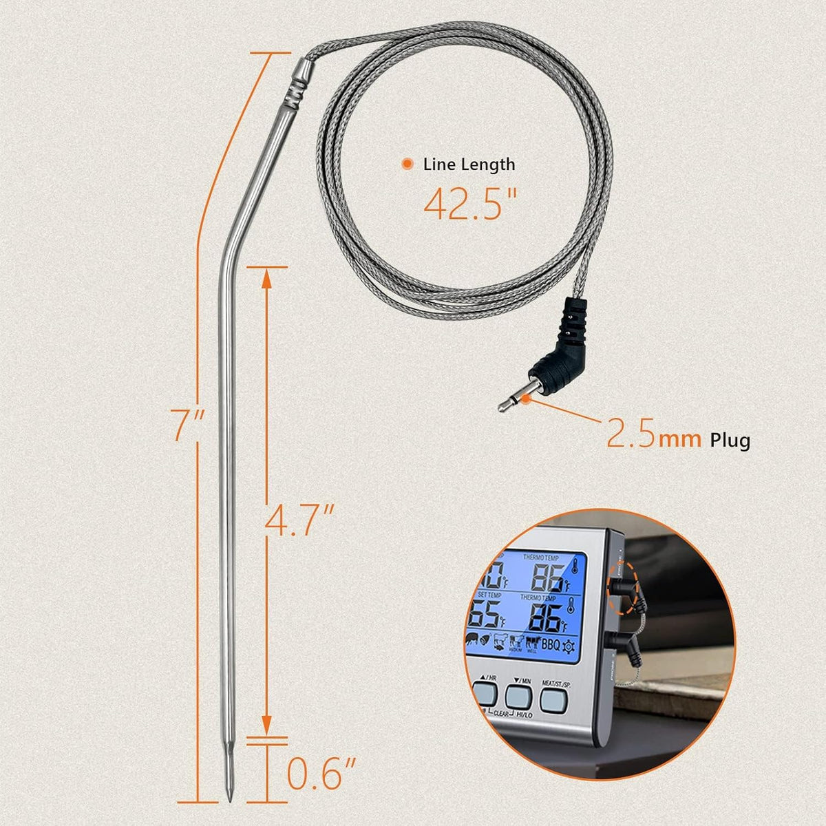 Meat Probe Thermometer Replacement for Thermopro TP10 TP25 etc, 2.5mm Plug | With 2 Clips, Steel Mesh Cable, Non-Slip Grip, Temp Range 32°F-572°F, 304 Stainless Steel, Plug &amp; Play, Waterproof Probe Tip