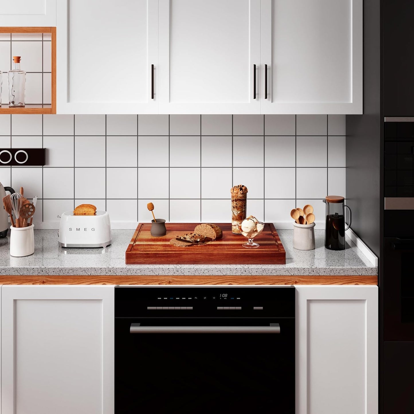 Acacia Stove Top Cover for Gas Burners &amp; Electric Stove, Noodle Board Stove Cover with Wavy Handles, Wooden Stovetop Cutting Board with Juice Grooves, Serving Tray 30"L x 22"W x 2.5"H