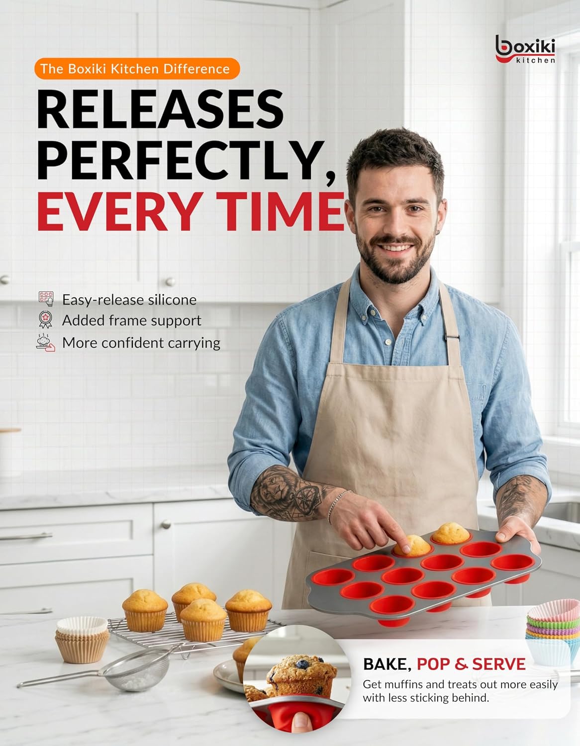 Boxiki Kitchen Non-Stick 12 Cup Silicone Muffin Pan with Steel Frame - BPA Free