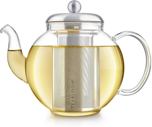 Teabloom Heritage Borosilicate Glass Teapot – 40 oz Classic Round Design with Stainless Steel Infuser – Stovetop Safe,