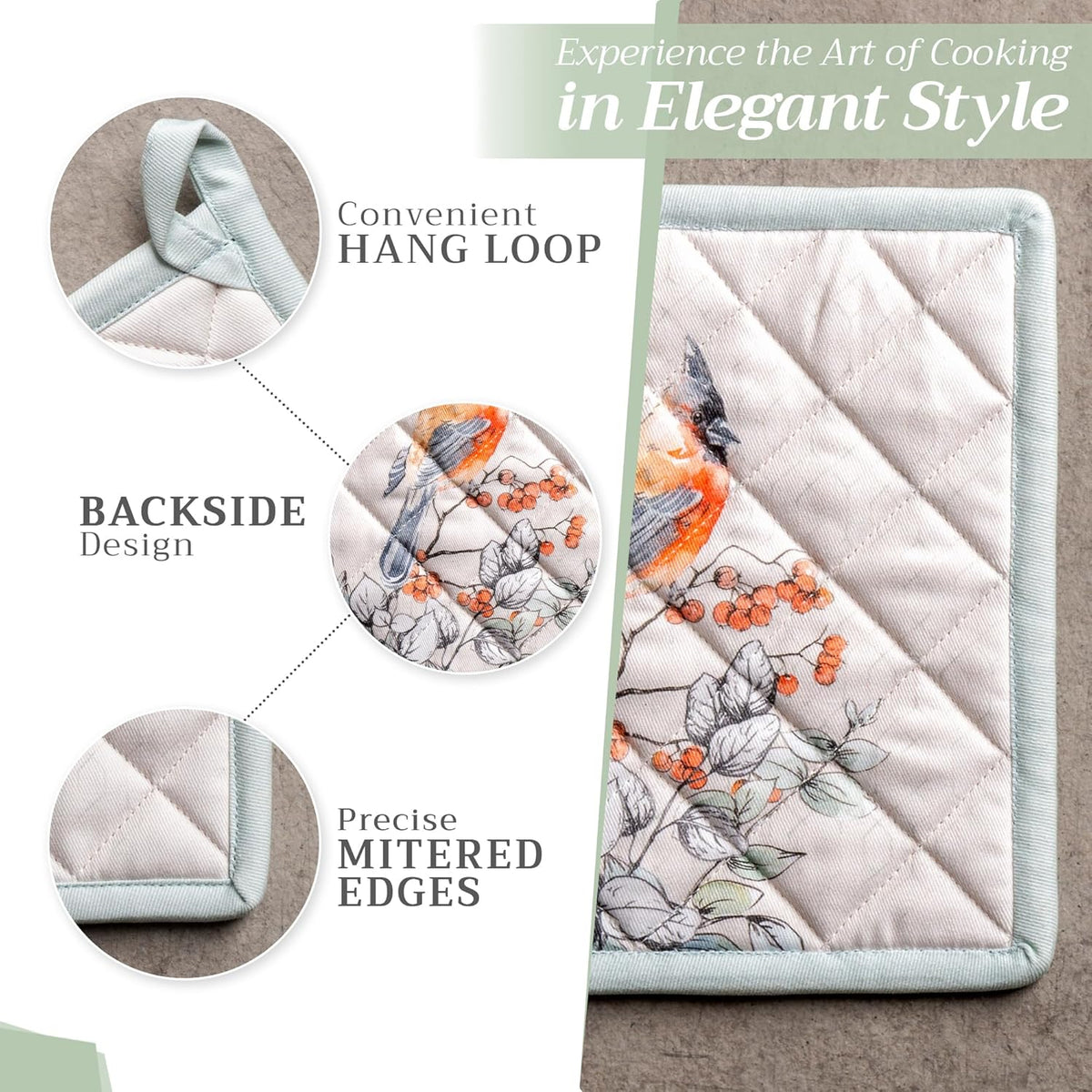 Maison d' Hermine Pot Holders 100% Cotton Heat Resistant Potholders 8" x 8" Hot Pads with Loop BBQ, Cooking, Baking, Grilling, Kitchen, Handling Hot Pans (Pack of 1, Whitish Shabby Chique)