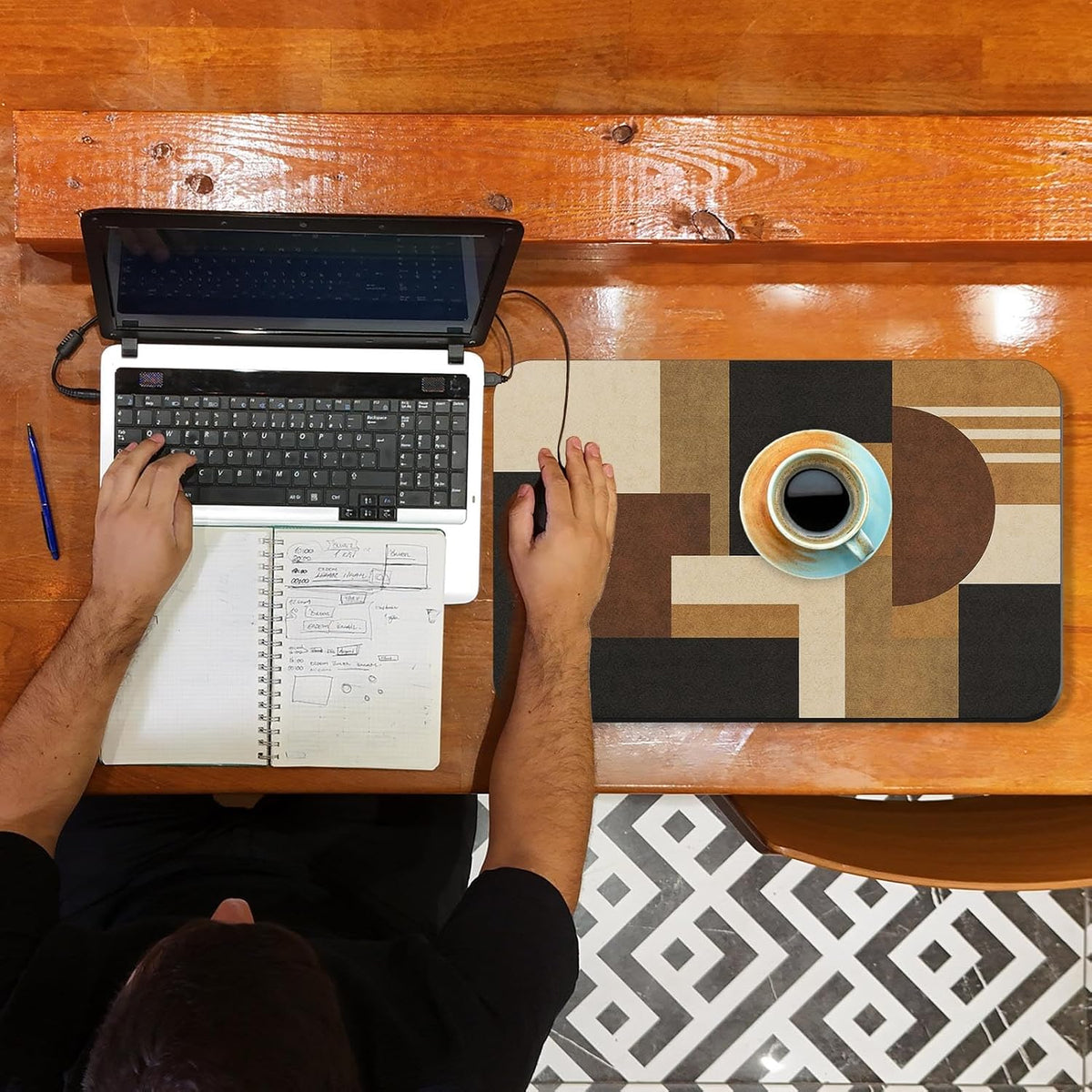 Arttown Coffee Mat for Countertops, 2 Pcs, 12" x 19" Geometric Retro | Ethnic Modern Dish Drying Mats Rubber Backed, Kitchen Bar Accessories for Espresso Machine Rack Hide Stain