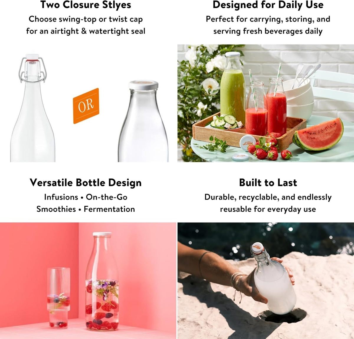 Le Parfait French Glass Milk Bottles with Printed Airtight Twist Lids, 500ml (16oz) Pack of 6 – Leakproof Reusable Glass Bottles for Juice, Water, Cold Brew, Kefir &amp; Beverage Storage