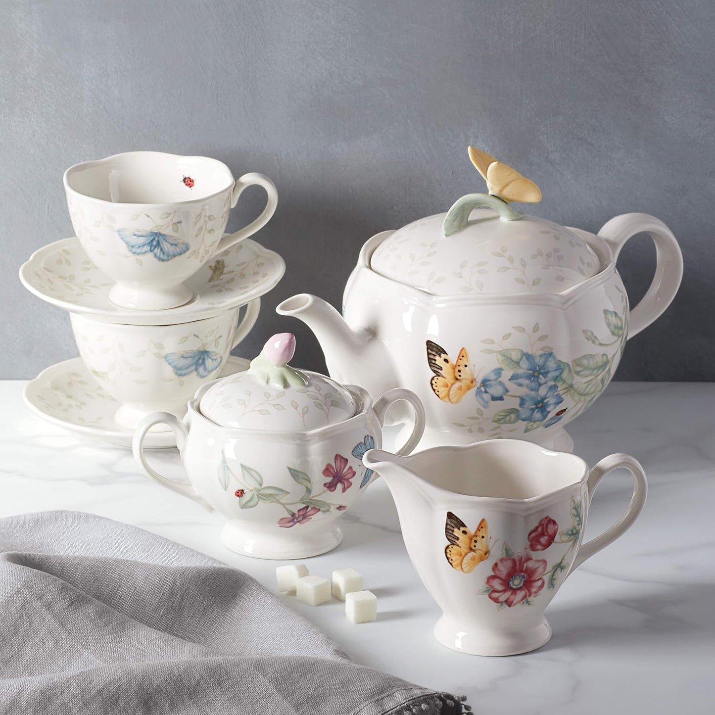 Lenox Butterfly Meadow Porcelain Teapot and Tea Cup Set, 9-Piece, 48oz | dishwasher safe | includes creamer, sugar bowl, 2 teacups, 2 saucers | floral tea party gift | 48oz, gift for women
