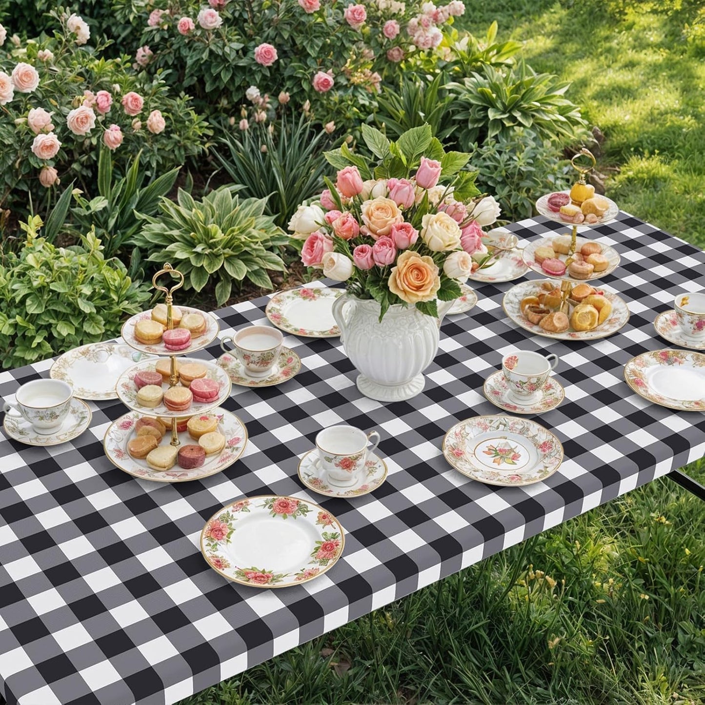 Smiry 6 Foot Picnic Table Cloth, Flannel Backed Fitted Vinyl tablecloths | Waterproof Elastic Rectangle Tablecloth ,Buff