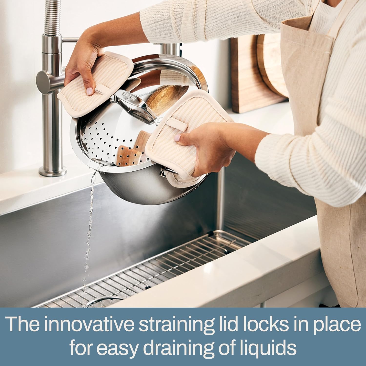 All-Clad Simply Strain Stainless Steel Multipot with Straining Lid, 6-Quart, Induction, Oven Broiler Safe 600F, Strainer