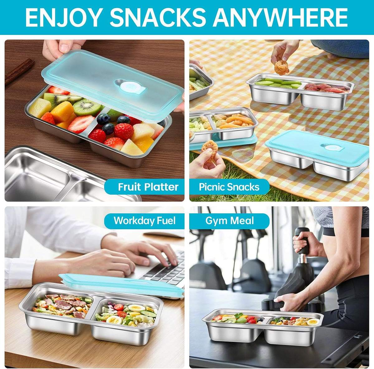 6 Pack Stainless Steel Snack Containers Reusable, Grab and Go 2 Compartment Food Storage Containers with Leakproof Lids for Travel and Outdoor Camping School Lunch Prep Dishwasher Safe