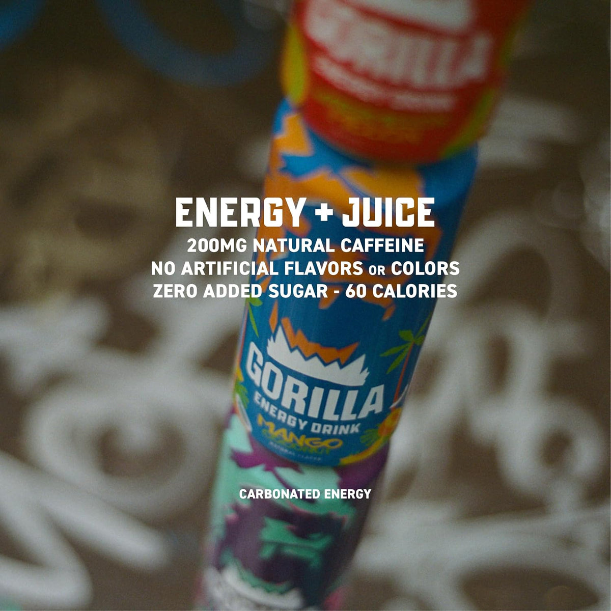 Gorilla Energy Drink, Mango Coconut, 200mg Natural Caffeine, Real Fruit Juice Squeezed &amp; Concentrated, L-Theanine, Taurine, Ginseng, Acetyl L-Carnitine, No Added Sugar and No Artificial Colors, 12 Pack