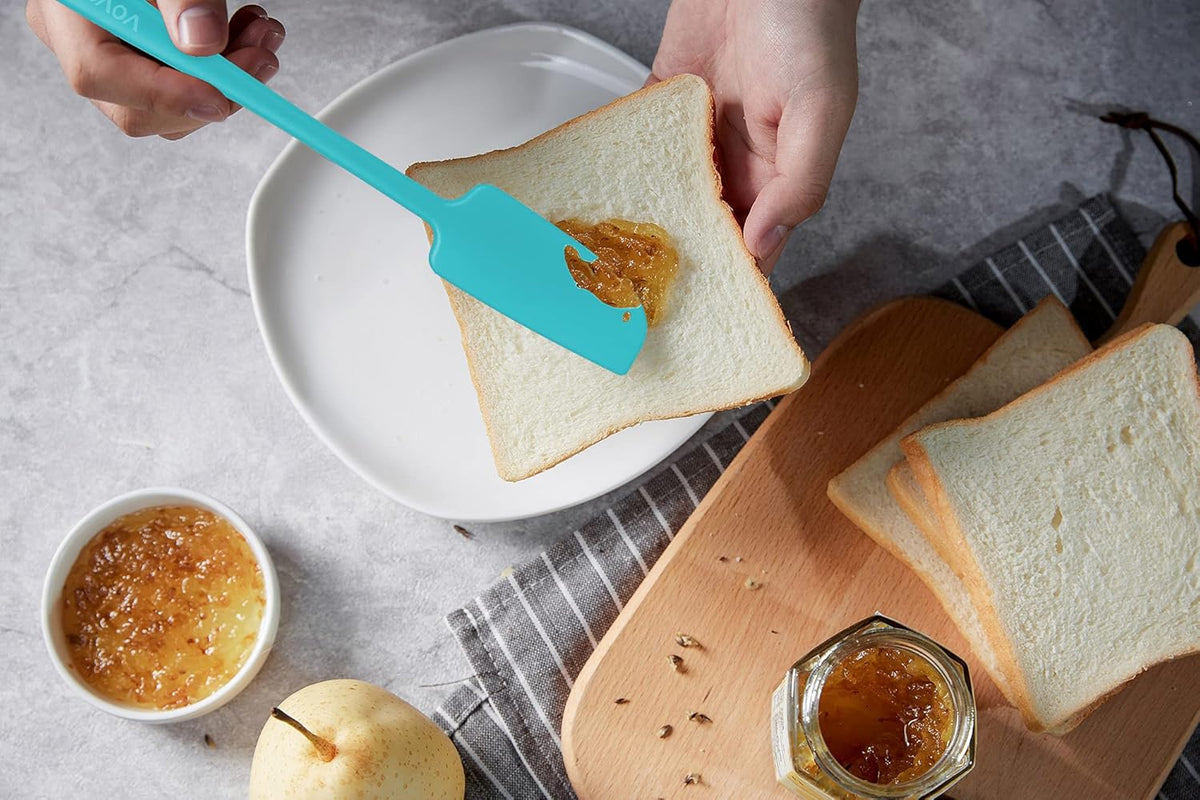 2-Pack Vovoly Silicone Jar Spatulas, Small Seamless Design Rubber Scraper with Stainless Steel Core, Heat Resistant and Non-Stick Mini Spatula for Jars and Blenders, BPA Free,11 IN, Teal