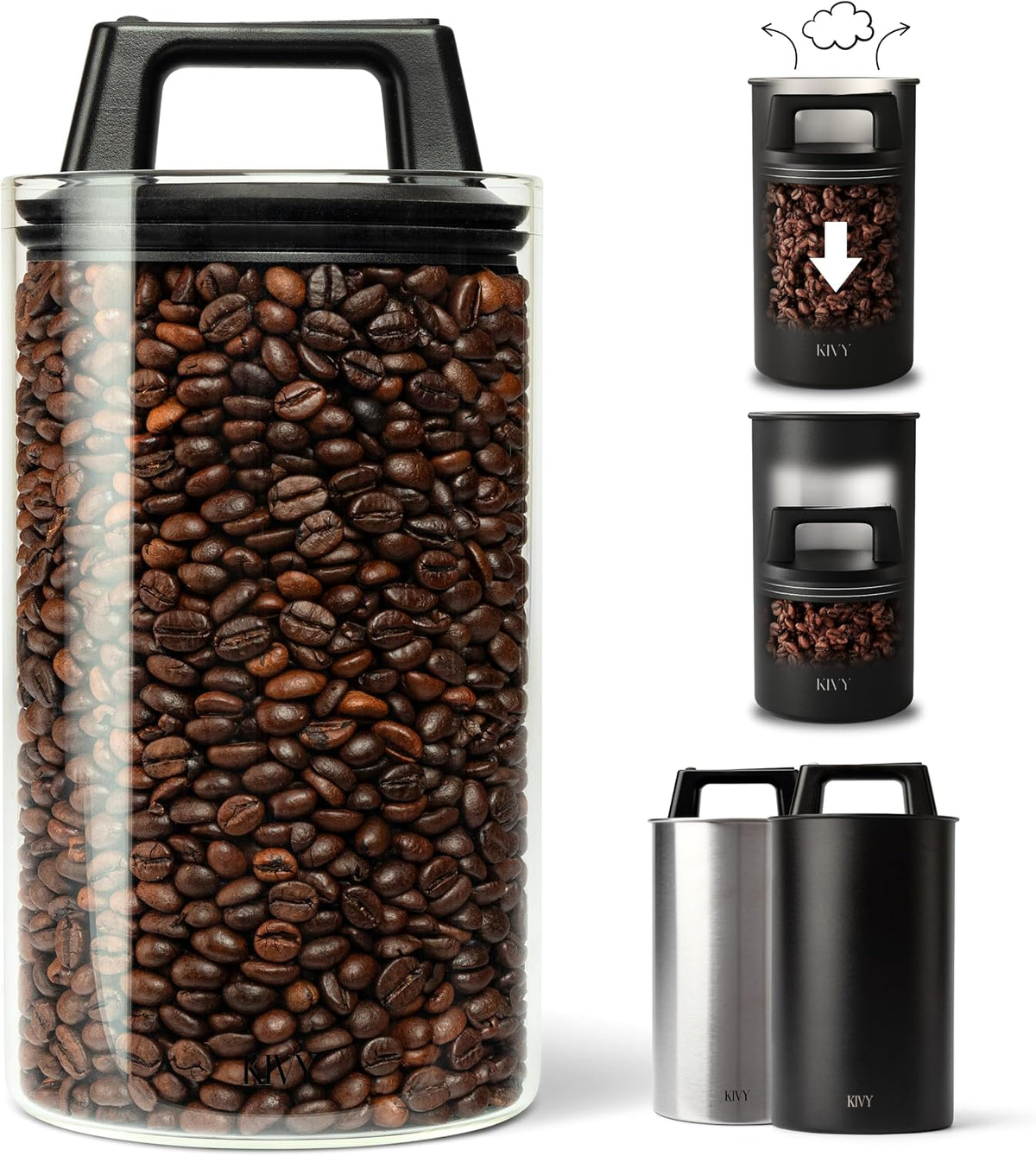 KIVY Vacuum Coffee Canister - Push Lid Preserves Coffee Aroma & Oil - Glass