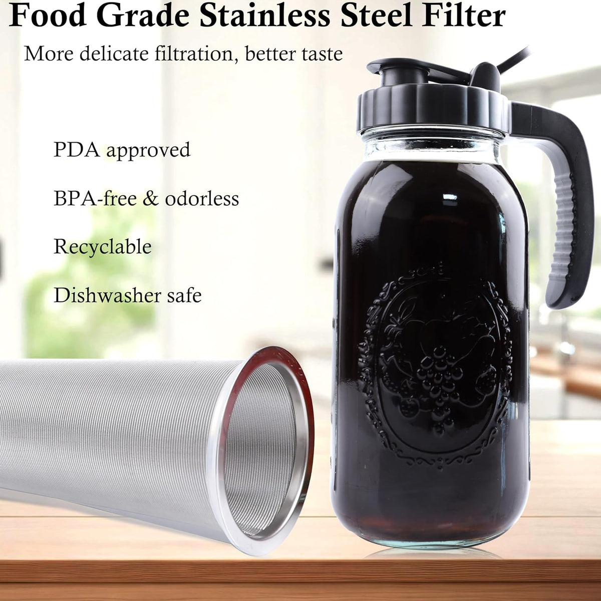 Cold Brew Coffee Maker Pitcher 2 Quart Glass Mason Jar With Spout Lid Filter Half Gallon Wide Mouth Iced Tea Brewing Jug Heavy Duty Handle Airtight &amp; Leak-Proof Pitcher For Fridge Sun Tea 64 OZ