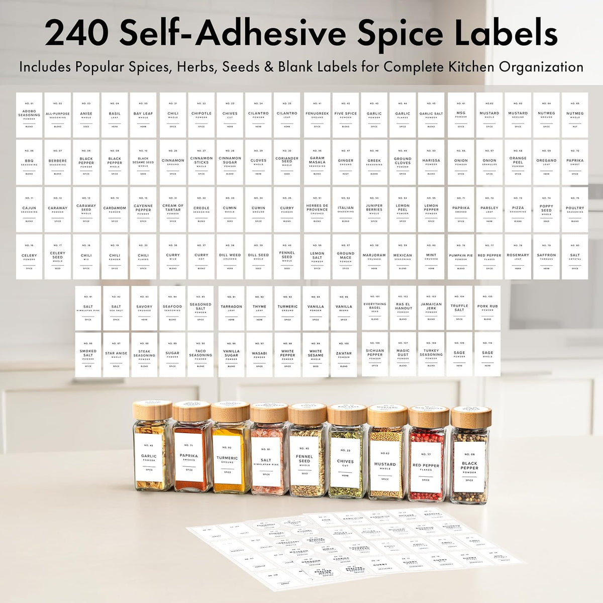 EDELHAUS Glass Spice Jars with Label, 24x Bamboo Wooden Lids - White Labels