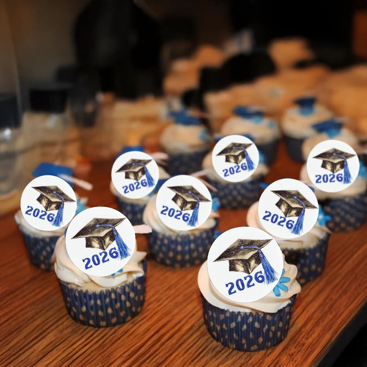 Gyufise 48Pcs Edible 2026 Graduation Cap Cupcake Toppers Wafer Paper Class of 2026 Grad Cap Cupcake Picks for 2026 Graduation Theme Party Cake Decorations Supplies Blue
