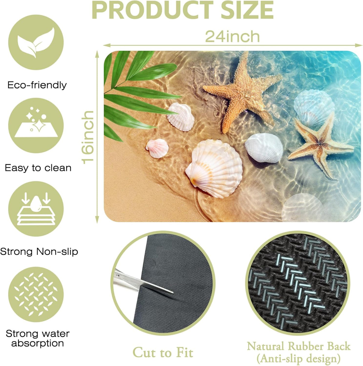Dish Drying Mat Summer Beach Starfish Seashell Kitchen Mat 16"x24" Bsorbent Coffee Maker Mat for Dishes,Utensils Coffee Maker Pots and Pans Easy Clean Dish Slip Resistant Pad