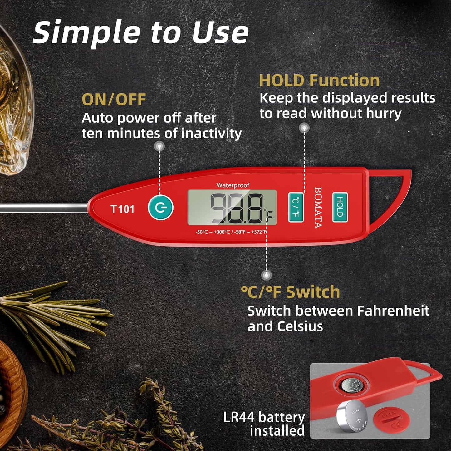 BOMATA Digital Water Thermometer for Liquid, Meat, Cooking, IPX7 Waterproof | Instant Read Food Thermometer, 5in Long Probe for Candle, Water, Meat, BBQ! T101 (Red Color)…