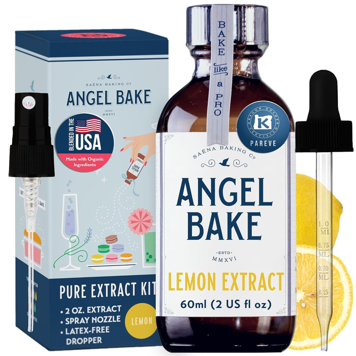 Angel Bake Pure Lemon Extract, 5X Distilled, 2 oz w/ Sprayer | Water soluble, food safe flavoring to mist or dose into cocktails, lemonade, baking and candy; edible, vegan, gluten free