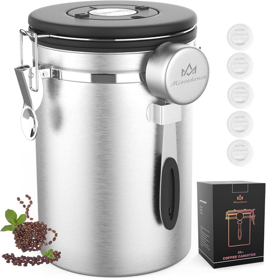 Coffee canister for ground coffee with Scoop Date Tracker One Way Co2 Valve 304 Stainless Steel Kitchen Food Airtight