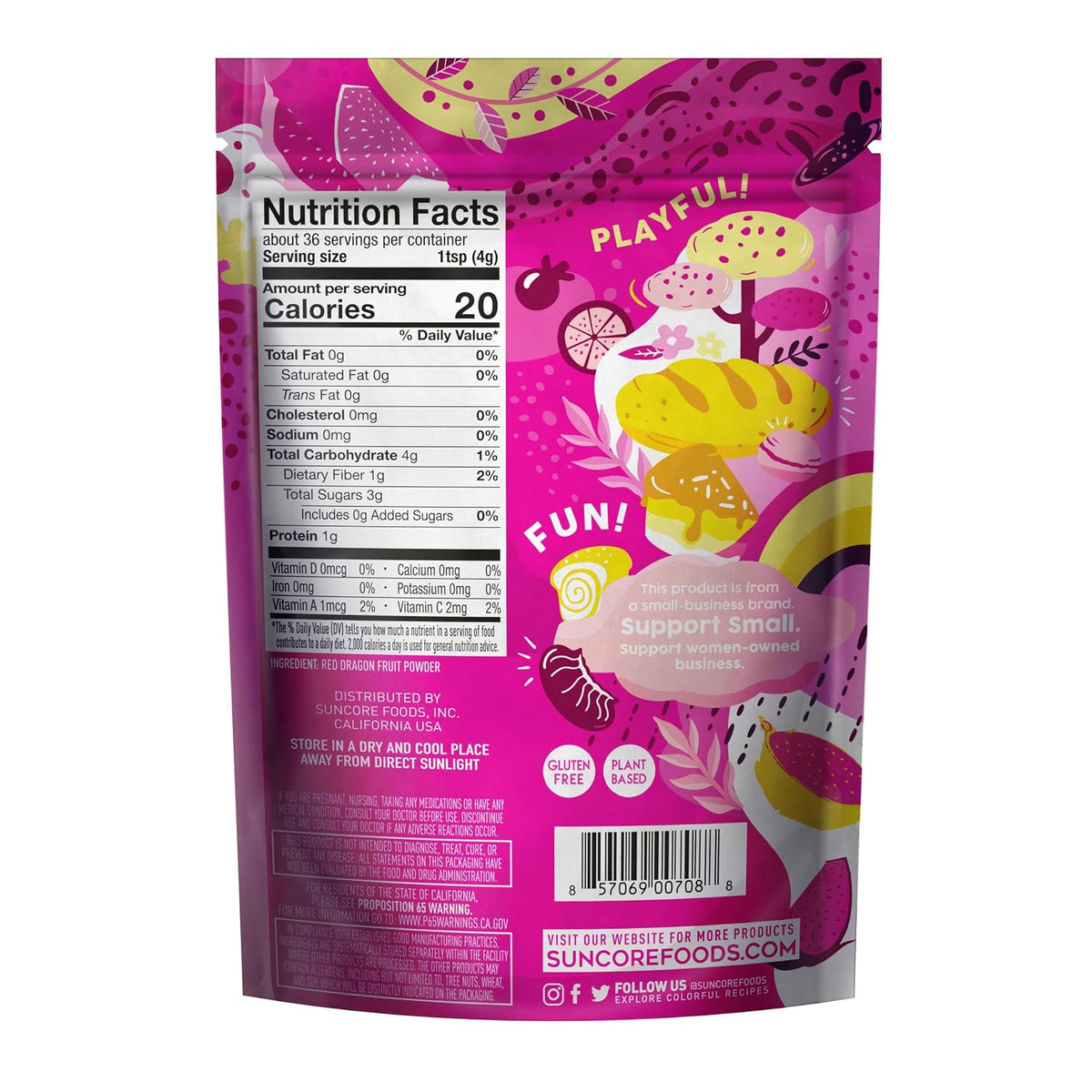 Suncore Foods Pink Pitaya Powder 5oz (Dragon Fruit) | Gluten Free | Vegan | Natural Pink Food Coloring, For Baking, Frosting, Desserts, Smoothies, Red Dragon Fruit Syrup, Non-GMO, Resealable Pouch