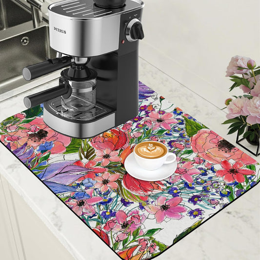 Dish Drying Mat Watercolor Colorful Floral Coffee Bar Mat for Countertop Absorbent Rubber Backed Hide Stain Dish Drainer