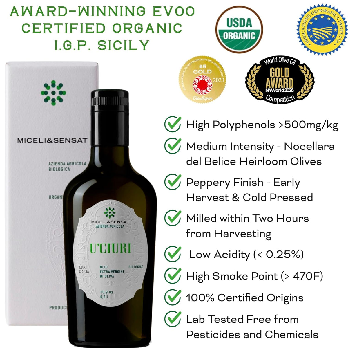 Fruity Medium Organic 500+ mg/kg Polyphenols Rich Italian Extra Virgin Olive Oil from Italy