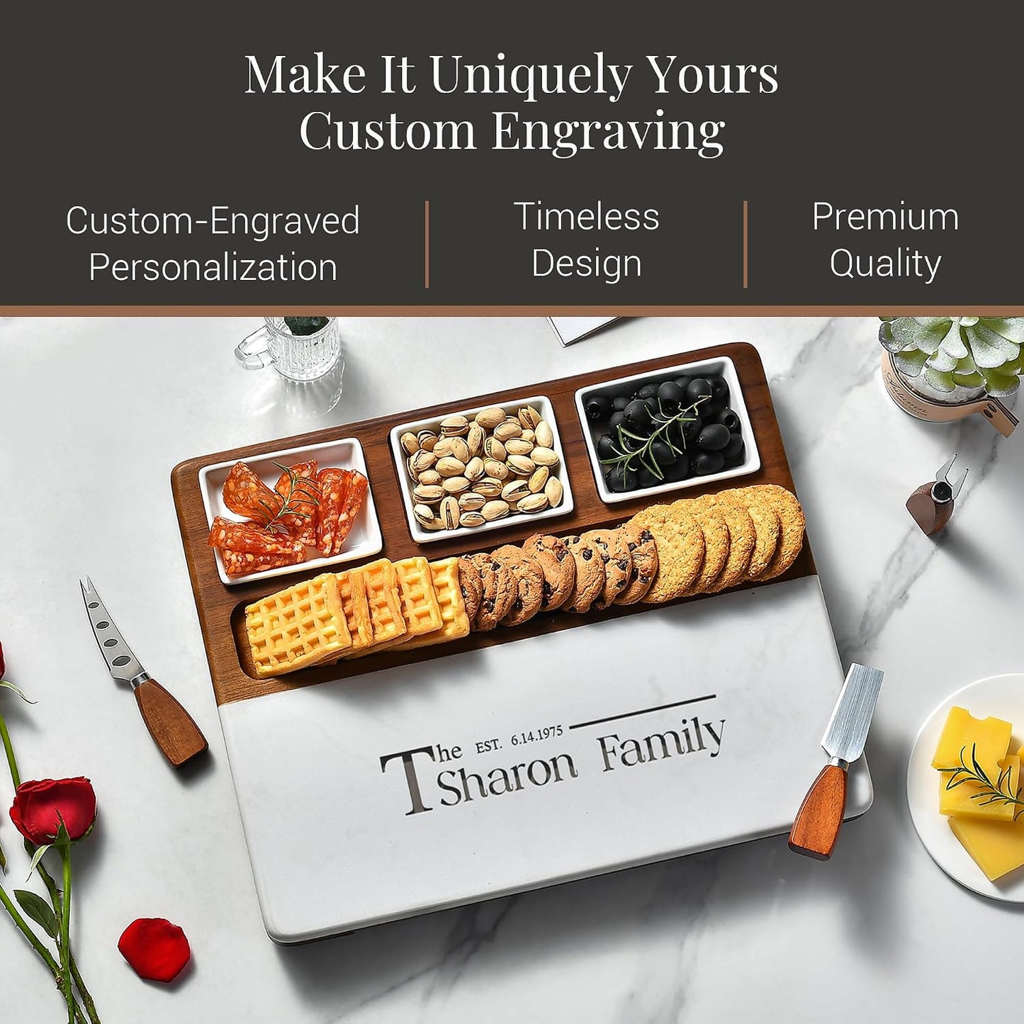 Shanik Wood Marble Cheese Board Set – Acacia &amp; Marble Charcuterie Board with 3 Removable Ceramic Bowls &amp; Stainless Steel Cutlery, Personalized Engraving, Wedding &amp; Housewarming Gift