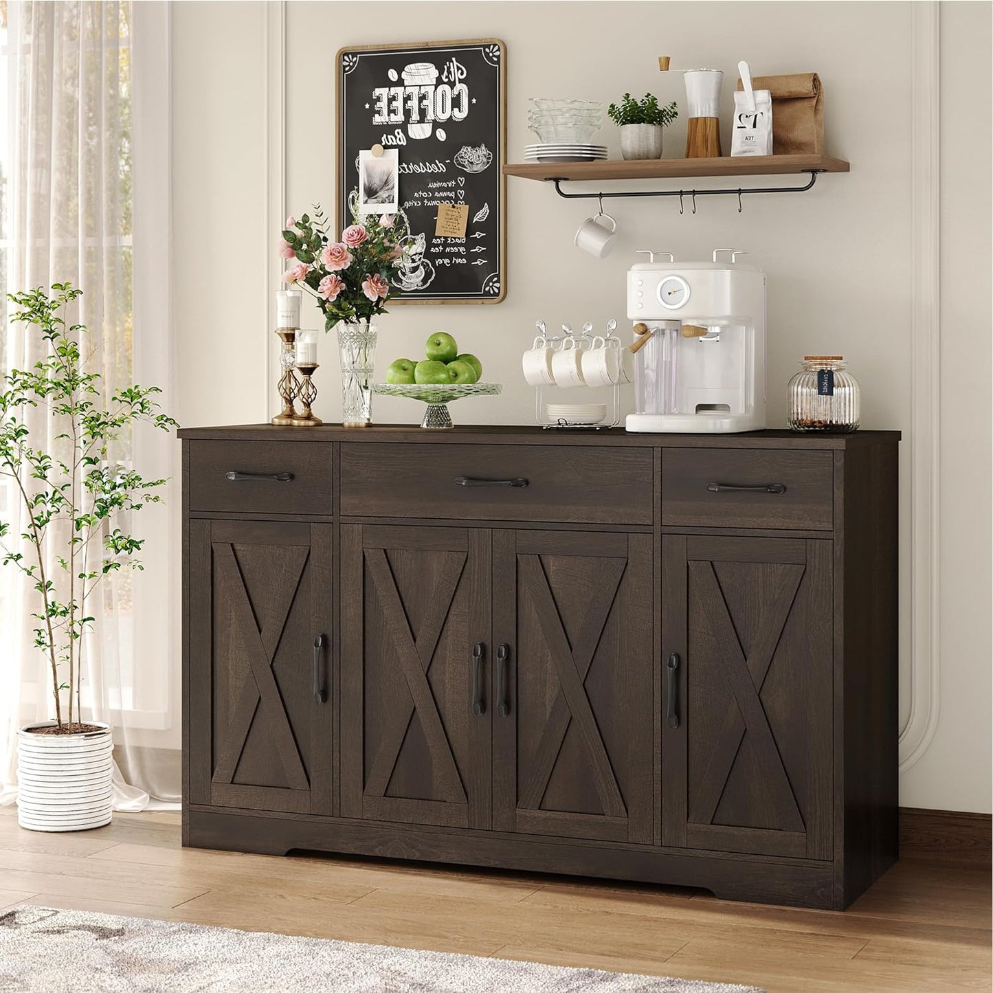 HOSTACK Buffet Cabinet with Drawers, 55" Large Sideboard Buffet Storage Cabinet with Shelves and Doors, Modern Farmhouse Coffee Bar Station Wood Kitchen Table for Kitchen, Dining Room, Dark Brown