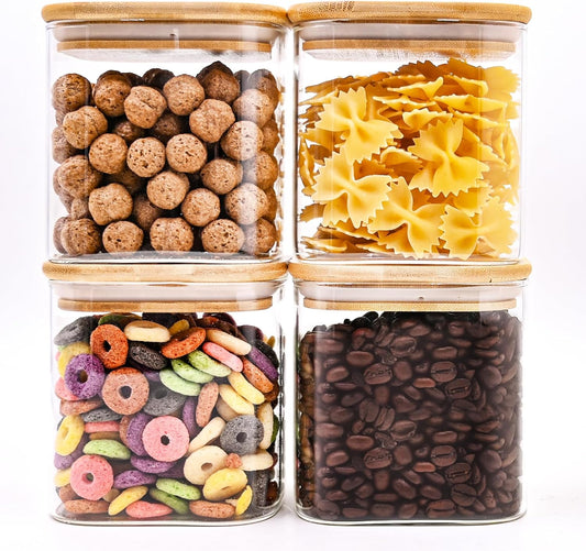 Glass Food Storage Jars Square 24oz, 4 Pack Glass Jars With Bamboo Lids, Kitchen Storage Containers For Spice, Candy,