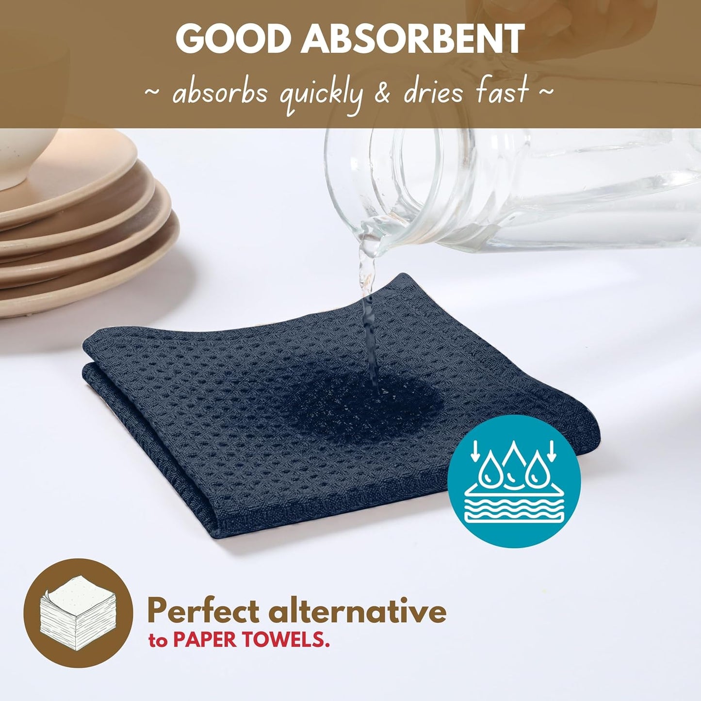 Native Fab 8 Piece Towel & Dish Cloth Set - 100% Cotton, Absorbent, Quick Drying, Durable Towels for Cleaning, Cooking, Baking - Great for Home, Kitchen, Bars & Everyday Use - Navy Blue