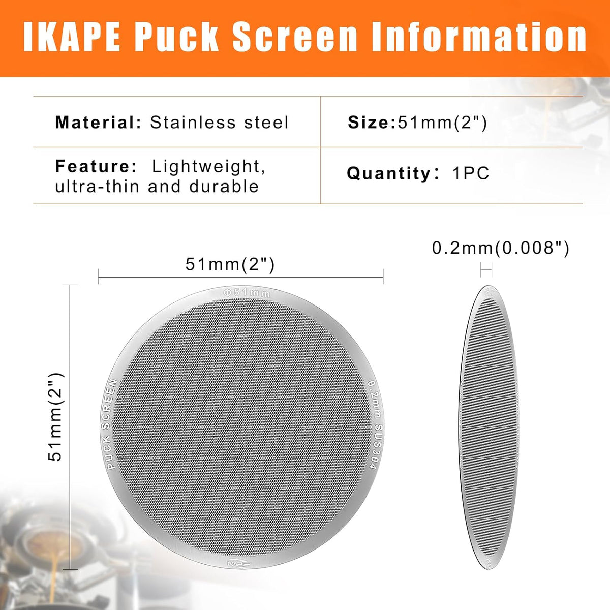 IKAPE 51mm Espresso Puck Screen, 0.2mm Thickness, Reusable Metal Ultra-thin &amp; Ultra-light Coffee Filters, Food-grade 304 Stainless Steel Coffee Puck Screen for Espresso Baristas