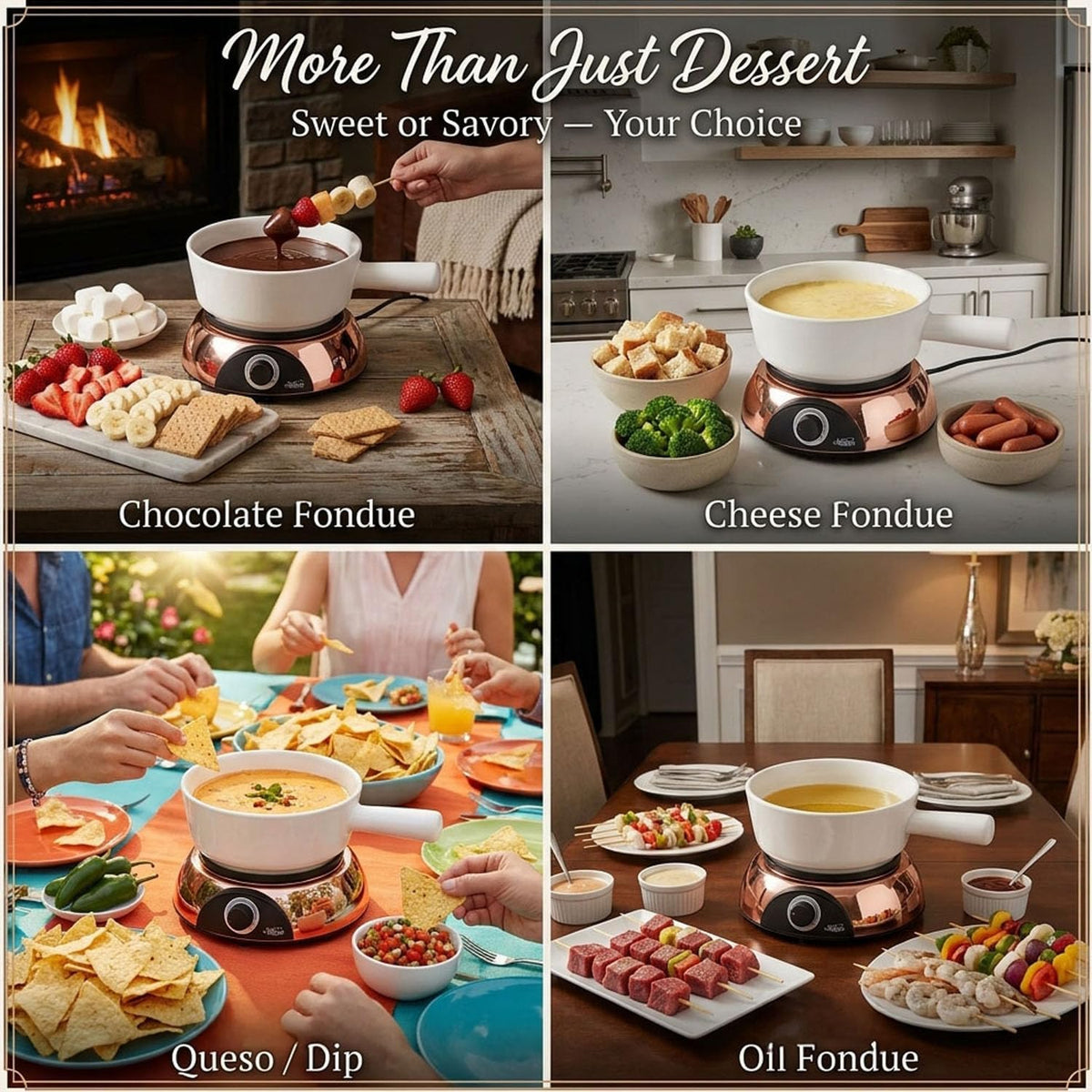 Artestia Electric Fondue Pot 2-QT 1500W, Dual-Use Swiss Fondue Set for Cheese & Chocolate Melting, Adjustable Temperature Control, White Ceramic Pot with Rose-Gold Base & 6 Forks