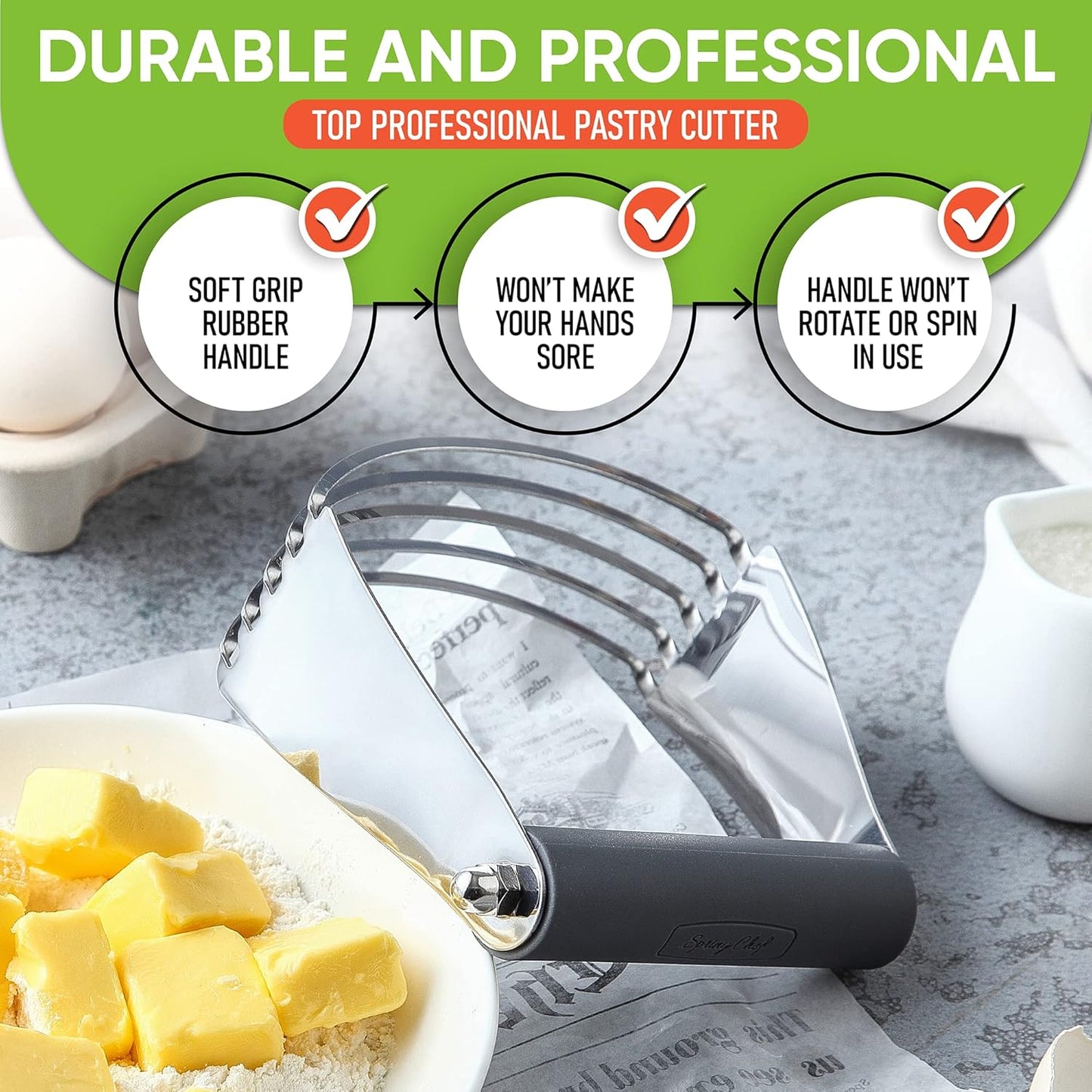 Spring Chef Large Gray Dough Blender For Baking, Heavy Duty Dough Cutter Tool, Stainless Steel Manual Pastry Cutter Tool