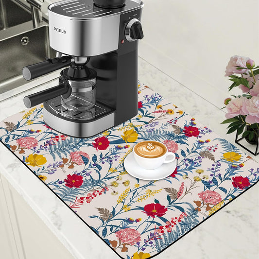 Dish Drying Mat Spring Flowers Coffee Bar Mat for Countertop Botanical Coffee Mat Absorbent Rubber Backed Hide Stain Dish
