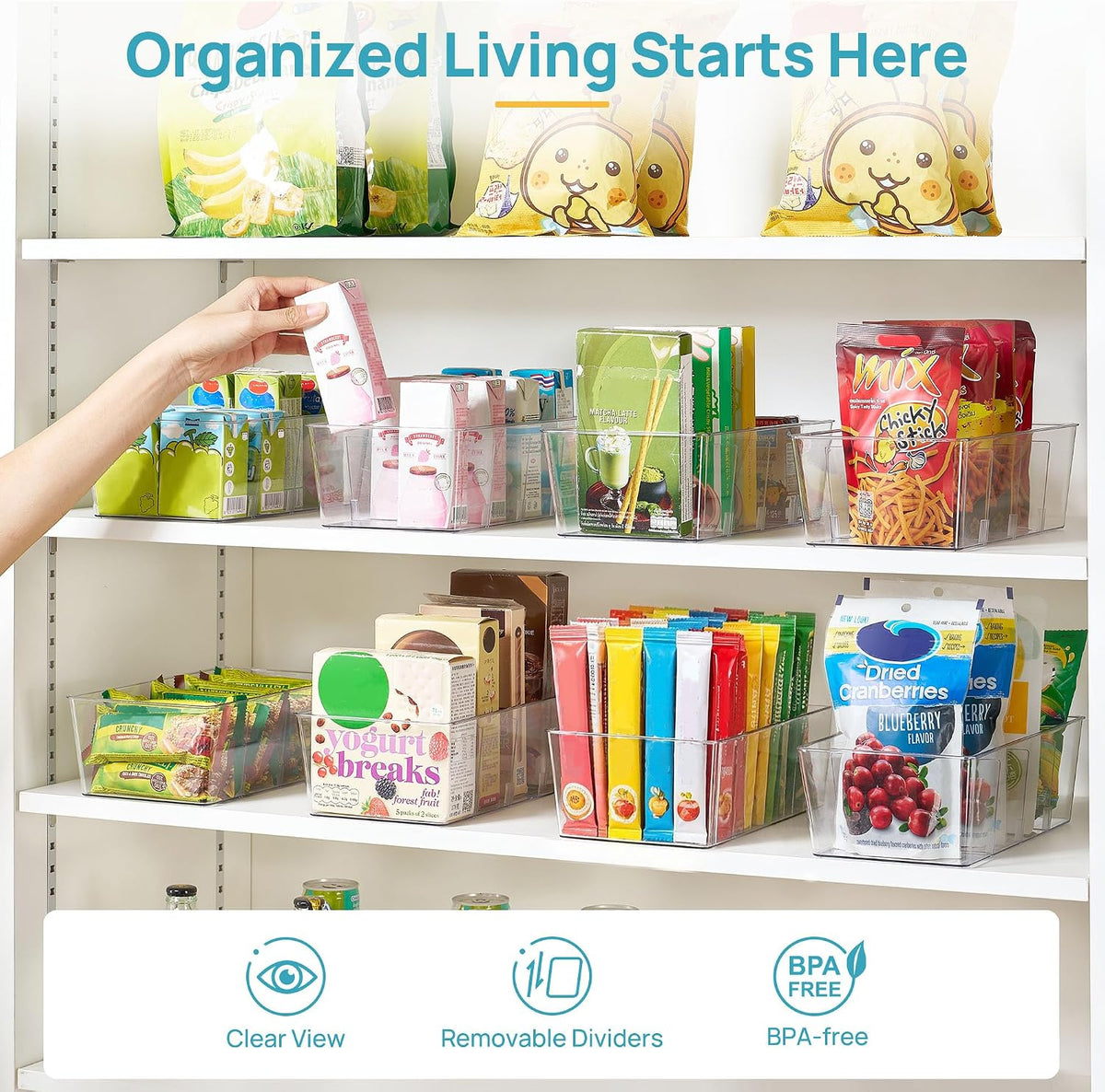 Vtopmart 4 Pack Food Storage Organizer Bins, Clear Plastic Bins for Pantry, Kitchen, Fridge, Cabinet Organization and Storage, 4 Compartment Holder Packets, Snacks, Pouches, Spice Packets