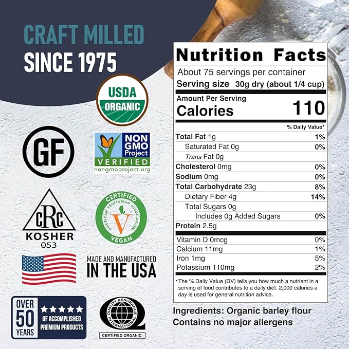 Great River Milling Organic Barley Flour | Unbleached, Unbromated, Non-GMO, Kosher | High Fiber, Nutty Flavor Perfect for Breads, Pancakes, & More | 5 Lb