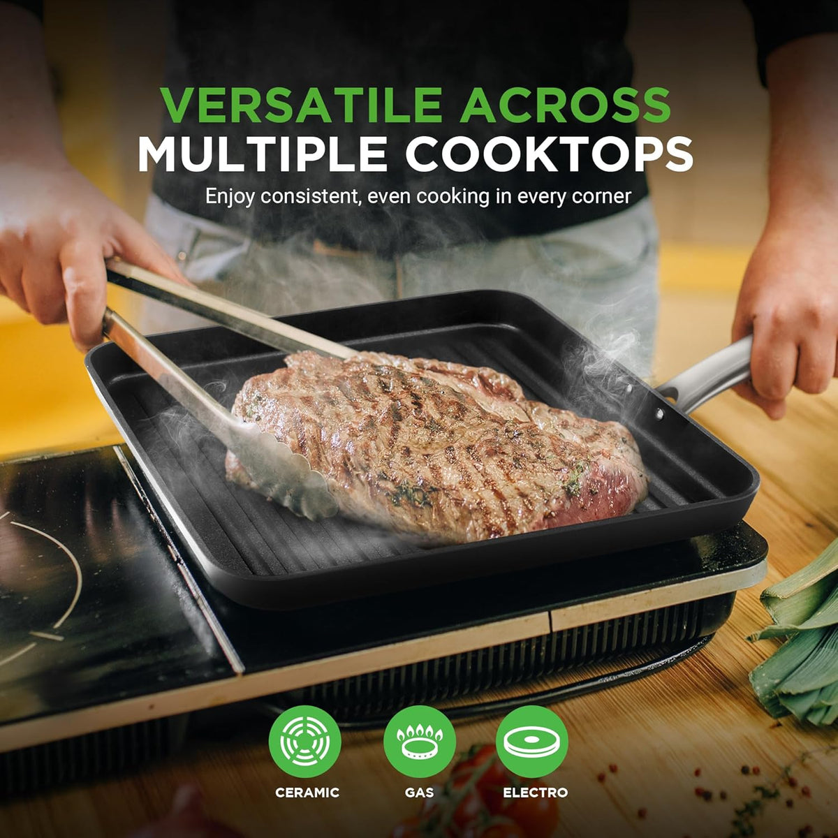 NutriChef Anodized Non-Stick Grill - Dishwasher Safe Nonstick Grill Pan Heavy Gauge Aluminum Body with Hard Anodized Surface for Even Heating, Max Temperature: 500° Fahrenheit (260° Celsius)
