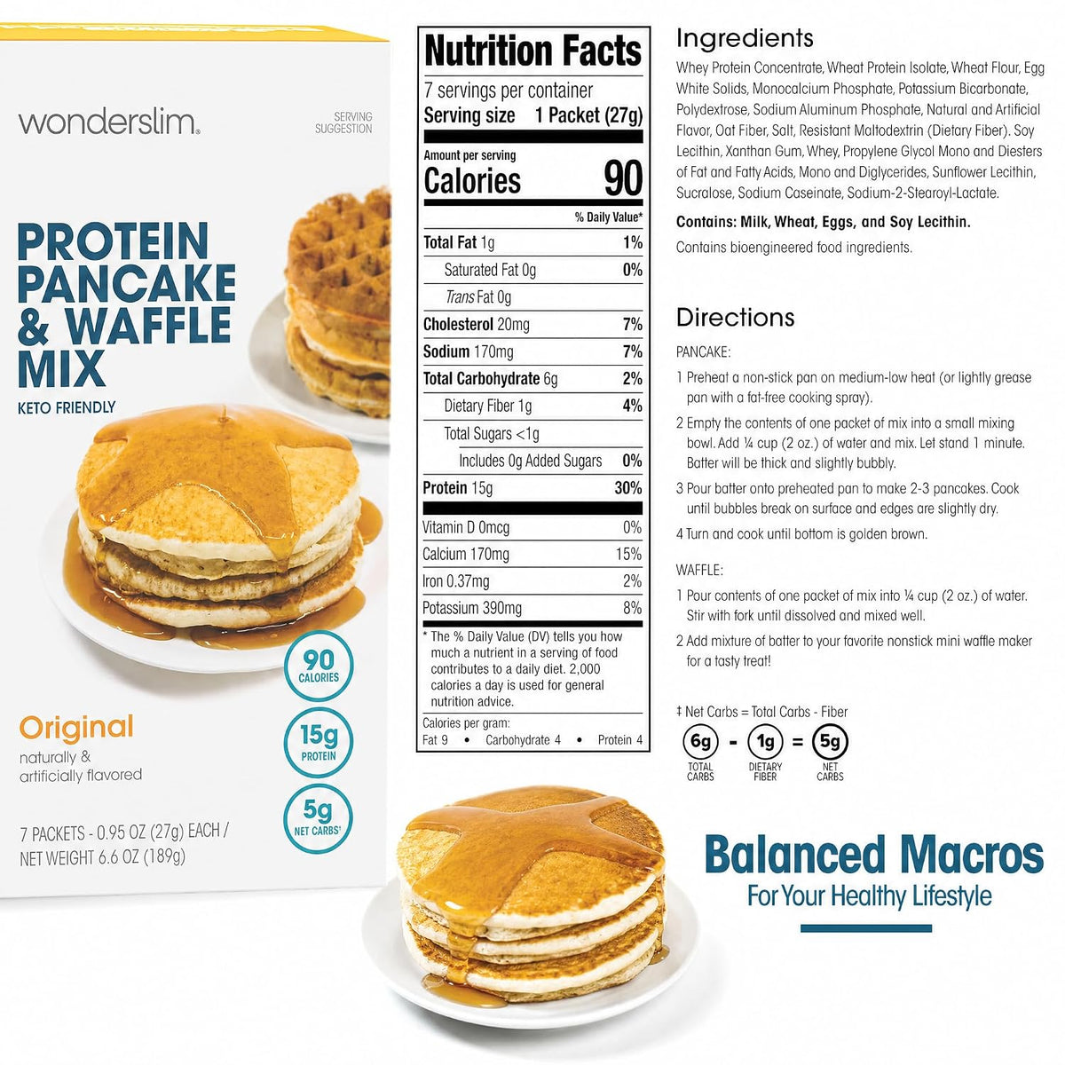 Wonderslim Protein Pancake &amp; Waffle Mix, Low Calorie, 7ct (Original Flavor)