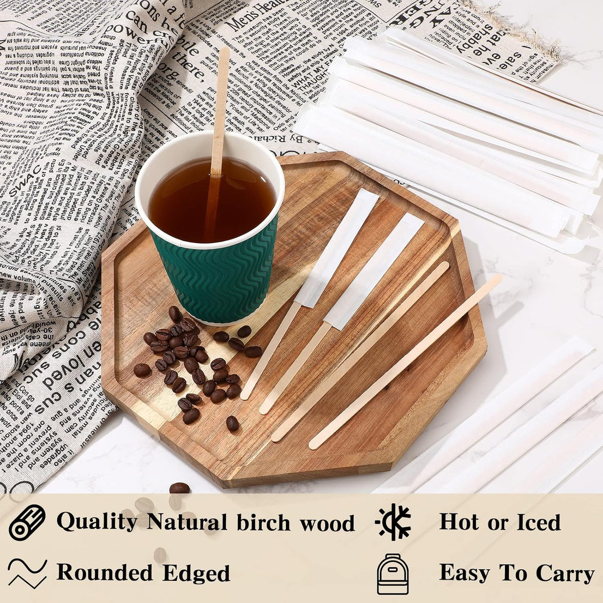 Amyhill 2000 Pcs Individually Wrapped Wooden Coffee Stirrers, 7 Inch | Disposable Coffee Stir Sticks, round End Sticks Bulk, Wood Stirrers for Cocktail Hot Drinks Restaurant Bar Home Office