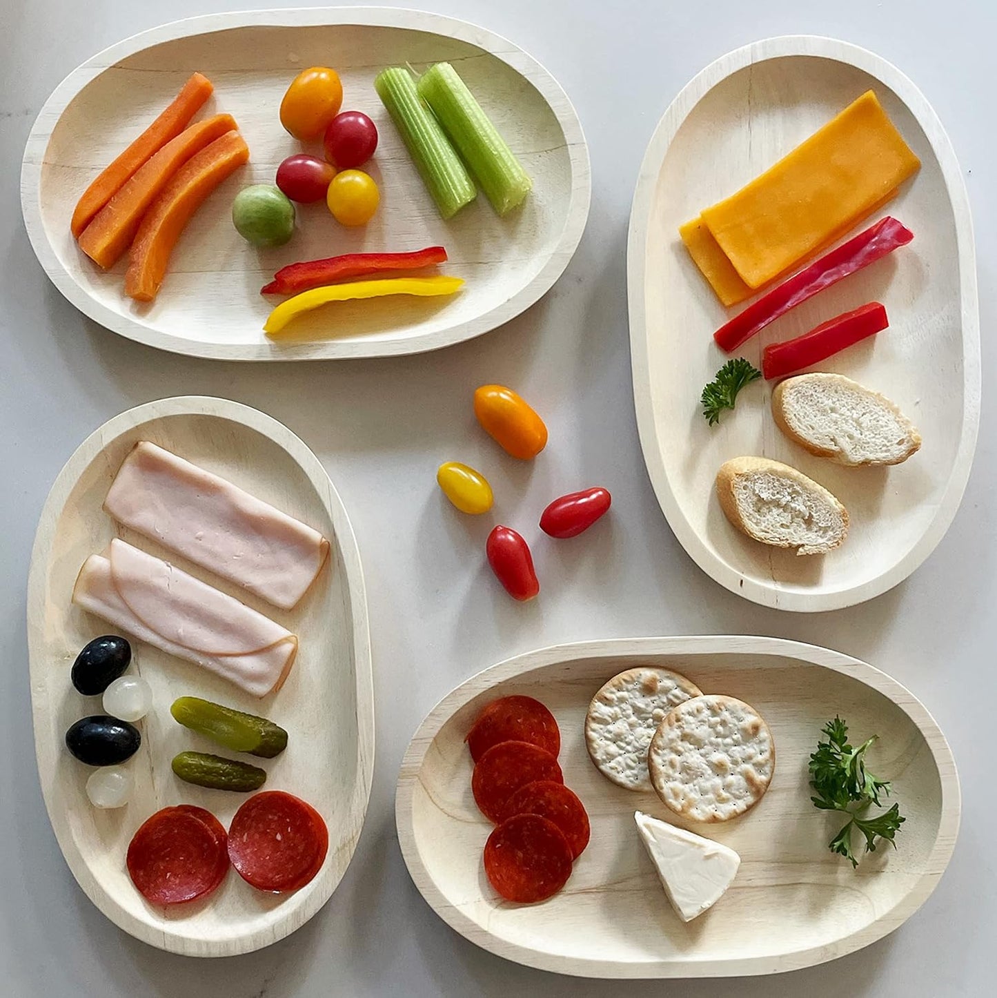 Woodard &amp; Charles Whitewash Oval Wood Serving Trays, 6" x 10", Set of 4 | Wood Oval Serving Tray; Perfect for Charcuterie, Cheese, Tapas, Sushi, Crudites and Appetizers for Parties or Everyday Use