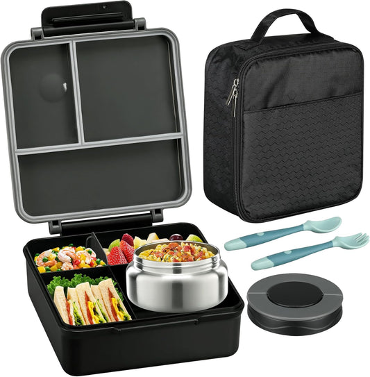 Bento Lunch Box for Kids with 8oz Soup Thermo&Lunch Bag, Leak-Proof Lunch Food Containers with 4 Compartment, Hot Food