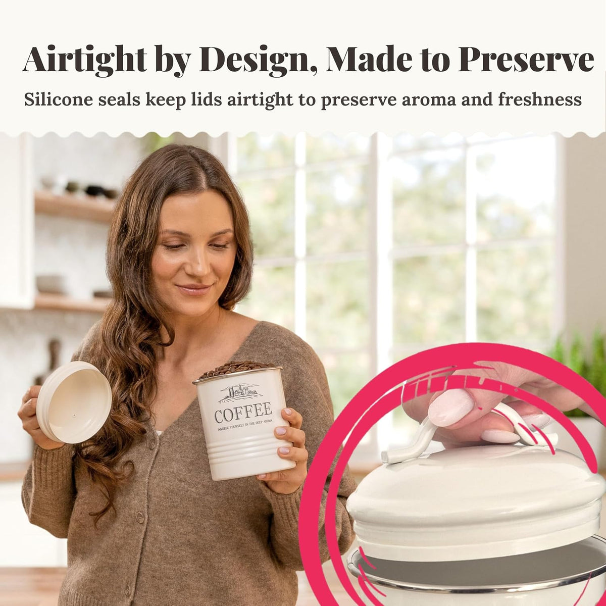 Canisters for Kitchen Counter, Set of 3 - Airtight Sugar and Flour Containers & Kitchen Utensil Holder, Rustic Farmhouse Canister Set for Kitchen Countertop