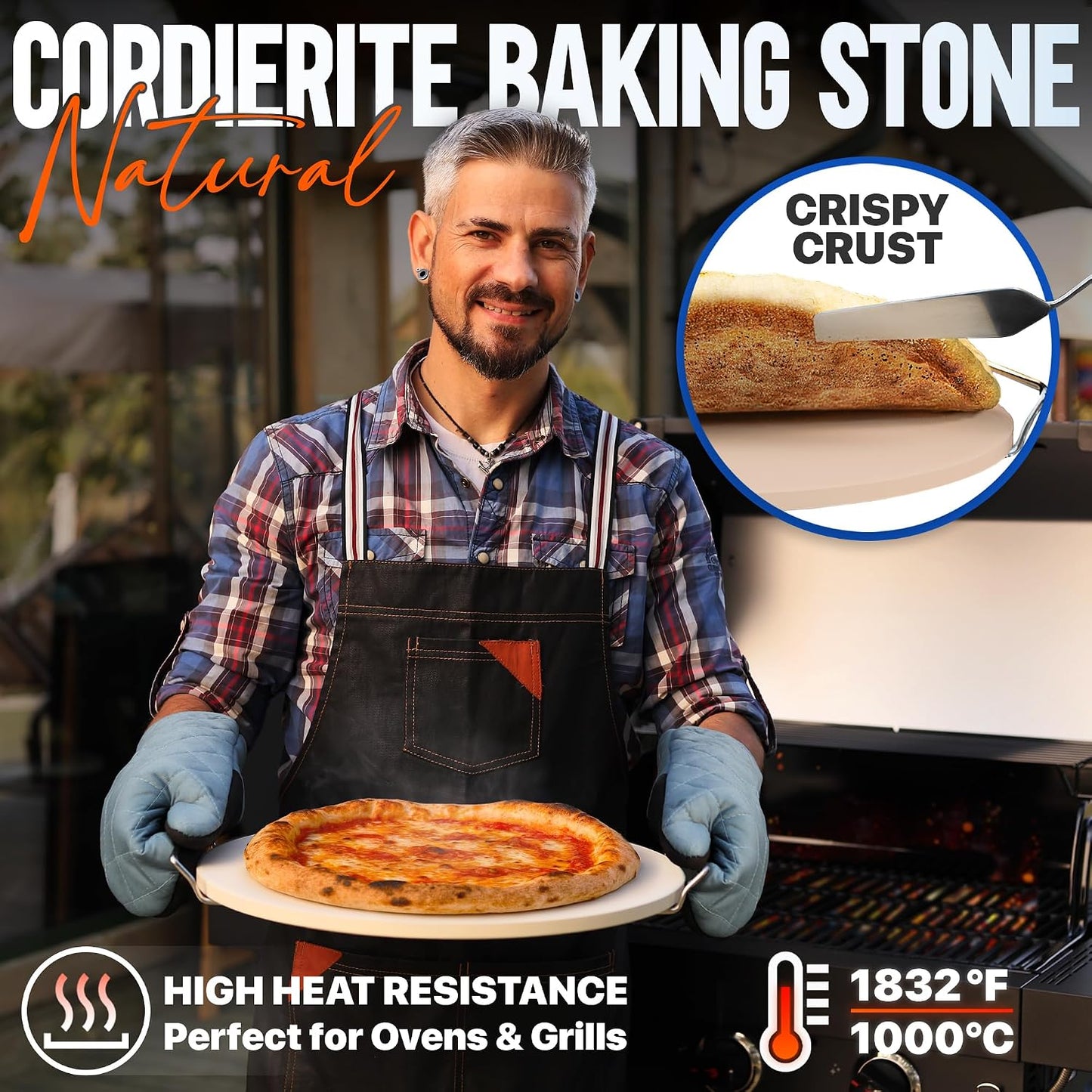 Pizza Stone Set for Oven and Grill – 16 Inch Cordierite Baking Stone, 1800°F Resistant, 6-Piece Kit with Acacia Wood Pizza Peel, Cutter Rocker, Steel Rack &amp; Cleaning Brush