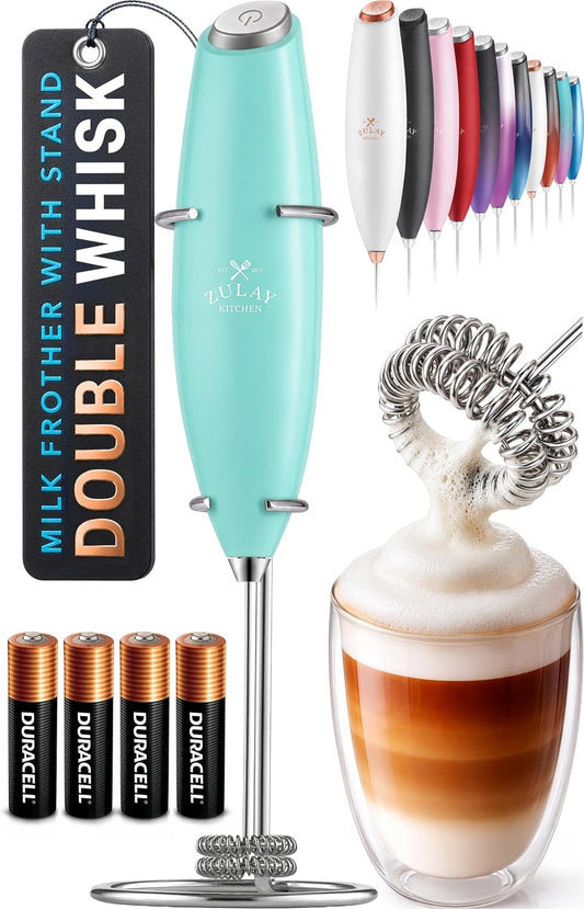 Zulay Kitchen Powerful Milk Frother Wand With Duracell Batteries - Ultra Fast Handheld Drink Mixer - Electric Whisk Foam Maker for Coffee, Lattes, Cappuccino &amp; Matcha - Double Whisk - Fresh Mint