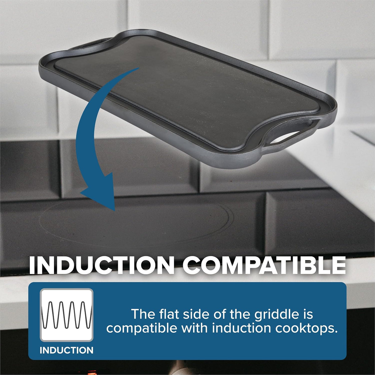 Viking Griddle, 20 Inch Reversible Cast Iron Grill Pan, Pre-Seasoned, Oven Safe, Hand Wash Only, Black